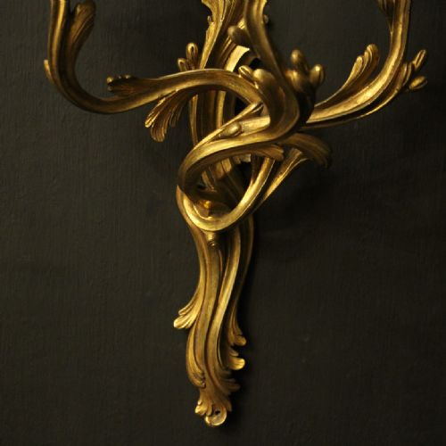 FRENCH PAIR OF GILDED BRONZE TRIPLE ARM ANTIQUE WALL SCONCES - ADDITIONAL PHOTO 7