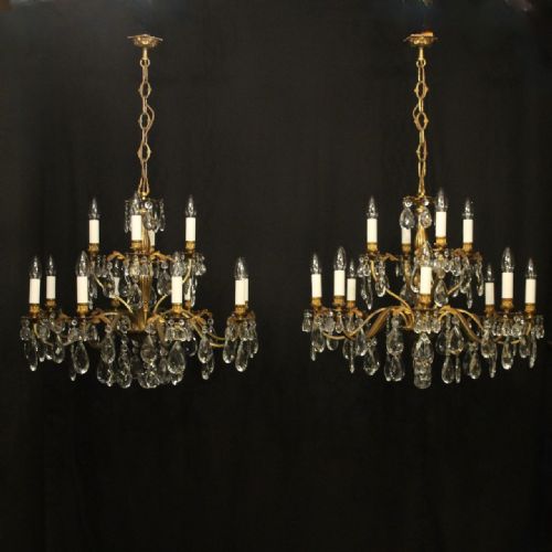 italian pair of gilded bronze crystal antique chandeliers - CATEGORY: ANTIQUE LIGHTING - DATED 1920
