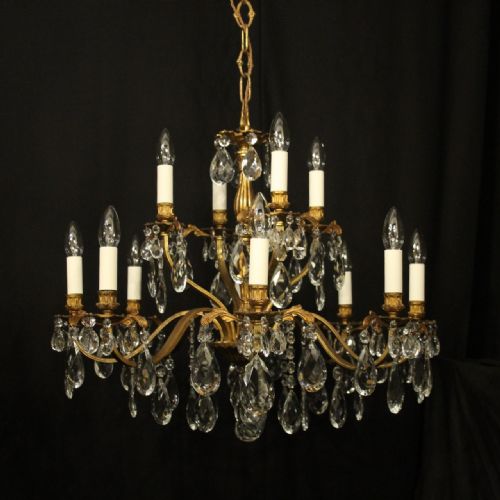 ITALIAN PAIR OF GILDED BRONZE CRYSTAL ANTIQUE CHANDELIERS - ADDITIONAL PHOTO 1