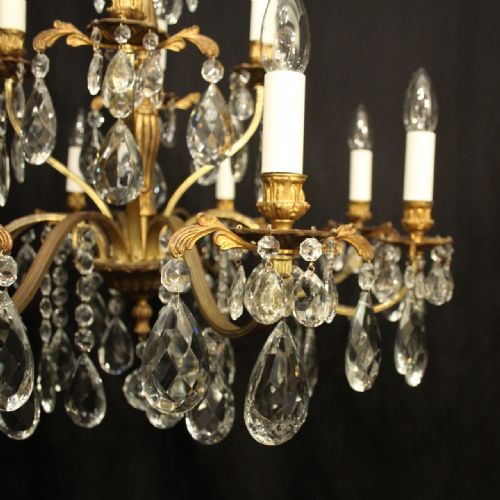 ITALIAN PAIR OF GILDED BRONZE CRYSTAL ANTIQUE CHANDELIERS - ADDITIONAL PHOTO 2