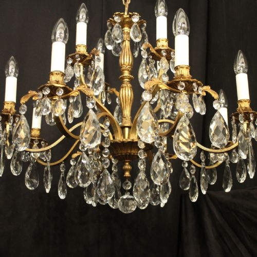 ITALIAN PAIR OF GILDED BRONZE CRYSTAL ANTIQUE CHANDELIERS - ADDITIONAL PHOTO 4