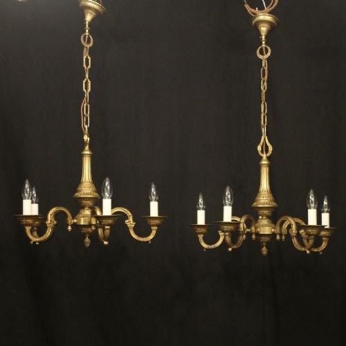 french pair of gilded brass 5 light chandeliers - CATEGORY: ANTIQUE LIGHTING - DATED 1930