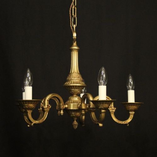 FRENCH PAIR OF GILDED BRASS 5 LIGHT CHANDELIERS - ADDITIONAL PHOTO 1