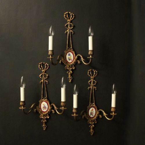 french set of 3 gilded brass porclain antique wall lights - CATEGORY: ANTIQUE LIGHTING - DATED 1920