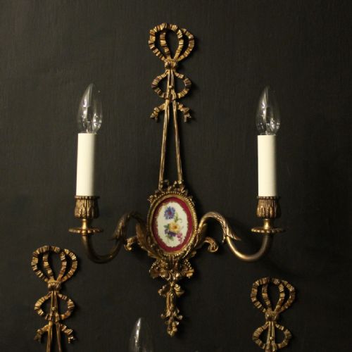 FRENCH SET OF 3 GILDED BRASS PORCLAIN ANTIQUE WALL LIGHTS - ADDITIONAL PHOTO 1