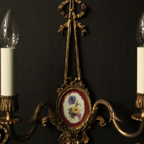 FRENCH SET OF 3 GILDED BRASS PORCLAIN ANTIQUE WALL LIGHTS - ADDITIONAL PHOTO 2