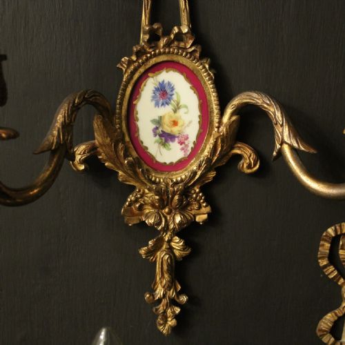FRENCH SET OF 3 GILDED BRASS PORCLAIN ANTIQUE WALL LIGHTS - ADDITIONAL PHOTO 3