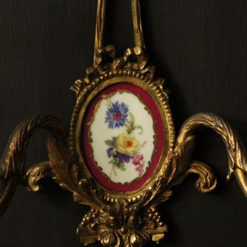 FRENCH SET OF 3 GILDED BRASS PORCLAIN ANTIQUE WALL LIGHTS - ADDITIONAL PHOTO 4