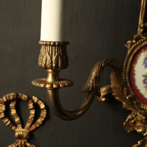 FRENCH SET OF 3 GILDED BRASS PORCLAIN ANTIQUE WALL LIGHTS - ADDITIONAL PHOTO 5