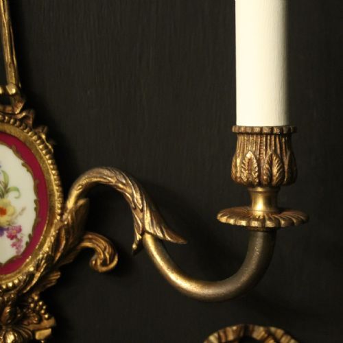 FRENCH SET OF 3 GILDED BRASS PORCLAIN ANTIQUE WALL LIGHTS - ADDITIONAL PHOTO 6