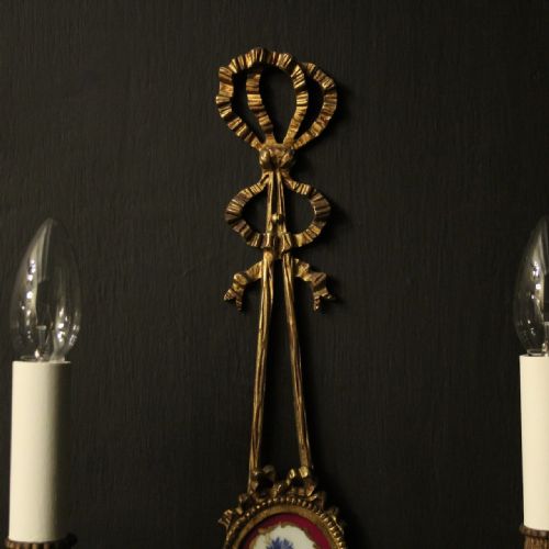 FRENCH SET OF 3 GILDED BRASS PORCLAIN ANTIQUE WALL LIGHTS - ADDITIONAL PHOTO 7