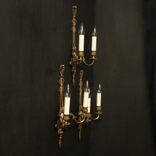 FRENCH SET OF 3 GILDED BRASS PORCLAIN ANTIQUE WALL LIGHTS - ADDITIONAL PHOTO 9