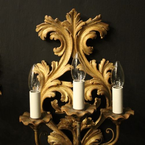 ITALIAN PAIR OF GILTWOOD ANTIQUE WALL LIGHTS - ADDITIONAL PHOTO 6