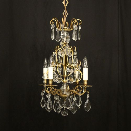 french gilded crystal 4 light antique chandelier - CATEGORY: ANTIQUE LIGHTING - DATED 1920
