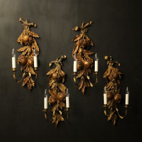 italian set of 4 giltwood toleware antique wall lights - CATEGORY: ANTIQUE LIGHTING - DATED 1920