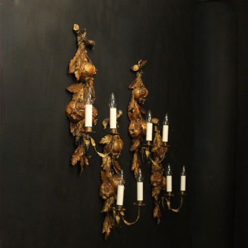 ITALIAN SET OF 4 GILTWOOD TOLEWARE ANTIQUE WALL LIGHTS - ADDITIONAL PHOTO 9