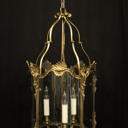 FRENCH 19TH C GILDED BRONZE TRIPLE LIGHT ANTIQUE LANTERN - ADDITIONAL PHOTO 1