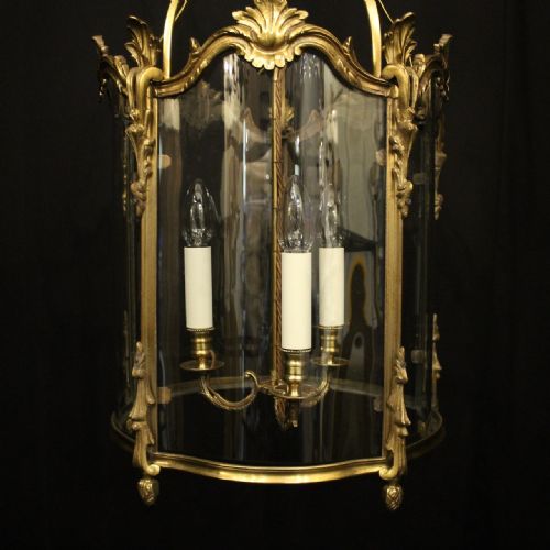 FRENCH 19TH C GILDED BRONZE TRIPLE LIGHT ANTIQUE LANTERN - ADDITIONAL PHOTO 3