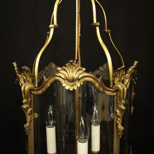 FRENCH 19TH C GILDED BRONZE TRIPLE LIGHT ANTIQUE LANTERN - ADDITIONAL PHOTO 4