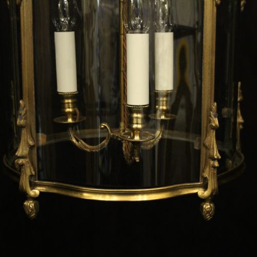 FRENCH 19TH C GILDED BRONZE TRIPLE LIGHT ANTIQUE LANTERN - ADDITIONAL PHOTO 5