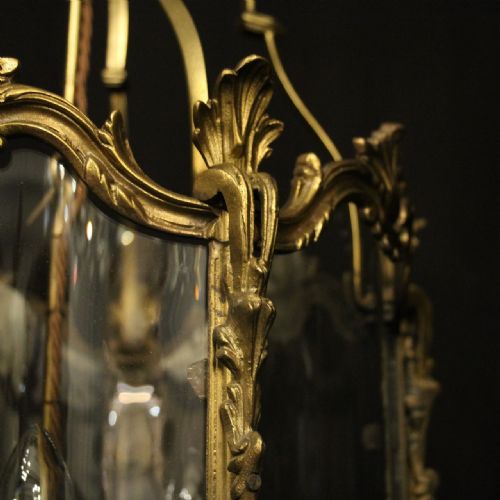 FRENCH 19TH C GILDED BRONZE TRIPLE LIGHT ANTIQUE LANTERN - ADDITIONAL PHOTO 6