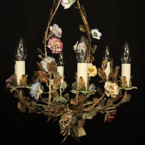 FRENCH TOLEWARE 6 LIGHT ANTIQUE CHANDELIER - ADDITIONAL PHOTO 1