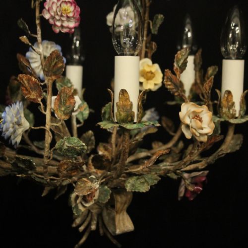 FRENCH TOLEWARE 6 LIGHT ANTIQUE CHANDELIER - ADDITIONAL PHOTO 3