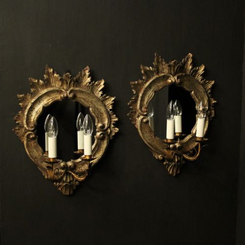 italian pair silver giltwood antique girandoles - CATEGORY: ANTIQUE LIGHTING - DATED 1930