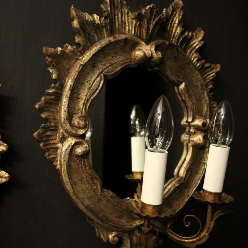 ITALIAN PAIR SILVER GILTWOOD ANTIQUE GIRANDOLES - ADDITIONAL PHOTO 1