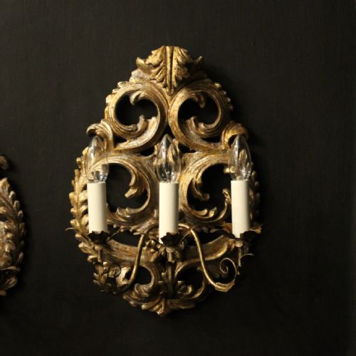 FLORENTINE SILVER GILTWOOD TRIPLE ARM ANTIQUE WALL LIGHTS - ADDITIONAL PHOTO 1