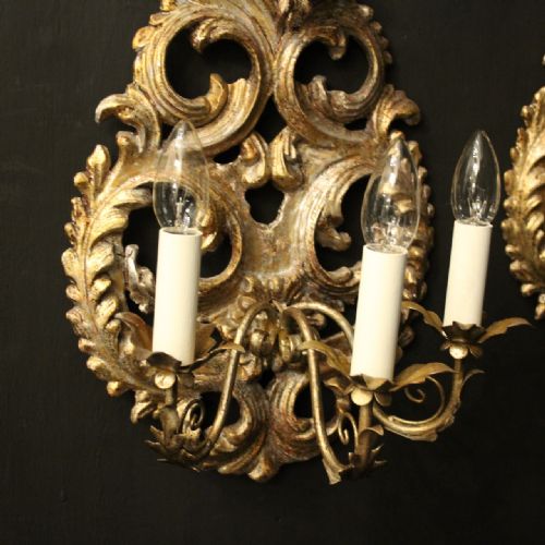 FLORENTINE SILVER GILTWOOD TRIPLE ARM ANTIQUE WALL LIGHTS - ADDITIONAL PHOTO 2