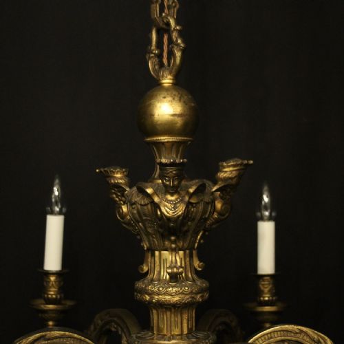 FRENCH 19TH C GILDED BRONZE 6 LIGHT ANTIQUE CHANDELIER - ADDITIONAL PHOTO 6