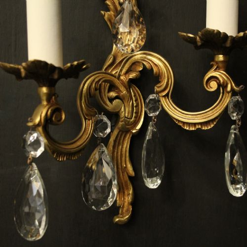 FRENCH PAIR OF GILDED TWIN ARM ANTIQUE WALL LIGHTS - ADDITIONAL PHOTO 2
