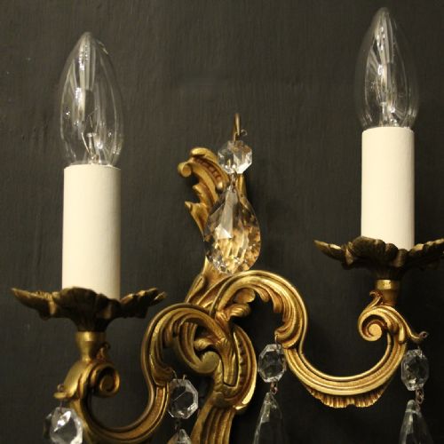 FRENCH PAIR OF GILDED TWIN ARM ANTIQUE WALL LIGHTS - ADDITIONAL PHOTO 4