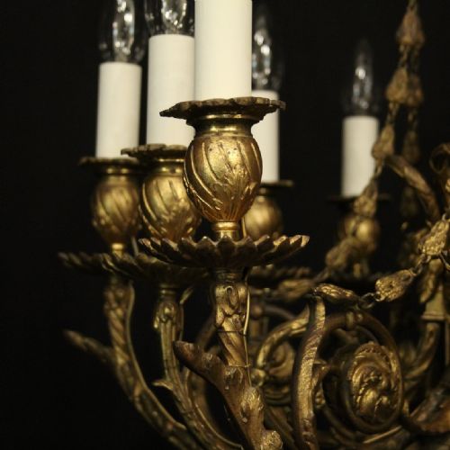 FRENCH GILDED BRONZE 12 LIGHT ANTIQUE CANDLE CHANDELIER - ADDITIONAL PHOTO 3