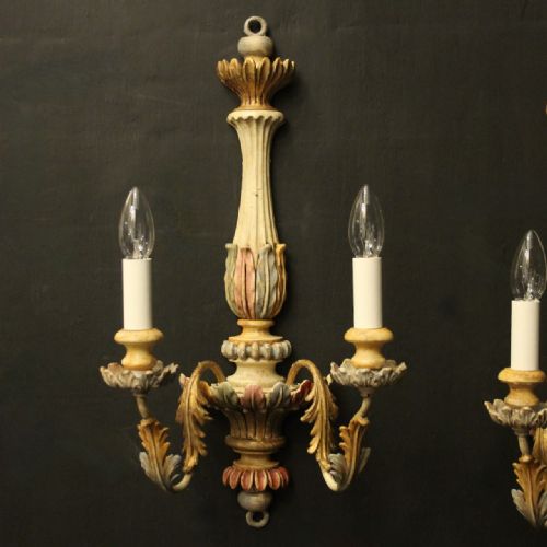 FRENCH POLYCHROME WOODEN TWIN ARM ANTIQUE WALL LIGHTS - ADDITIONAL PHOTO 1