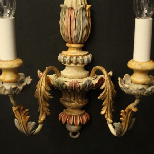 FRENCH POLYCHROME WOODEN TWIN ARM ANTIQUE WALL LIGHTS - ADDITIONAL PHOTO 2