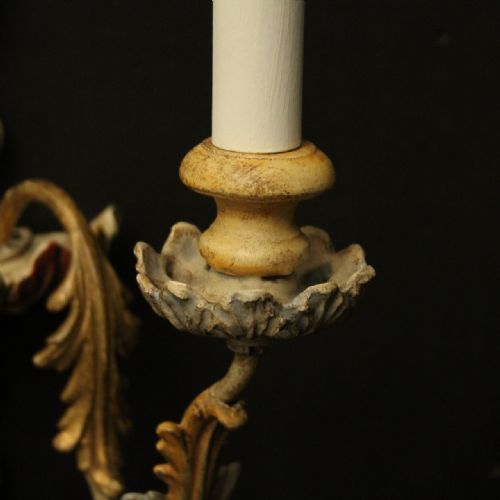 FRENCH POLYCHROME WOODEN TWIN ARM ANTIQUE WALL LIGHTS - ADDITIONAL PHOTO 3