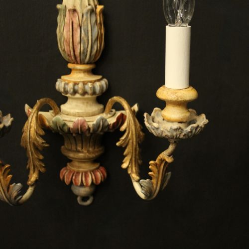 FRENCH POLYCHROME WOODEN TWIN ARM ANTIQUE WALL LIGHTS - ADDITIONAL PHOTO 4