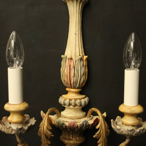 FRENCH POLYCHROME WOODEN TWIN ARM ANTIQUE WALL LIGHTS - ADDITIONAL PHOTO 5