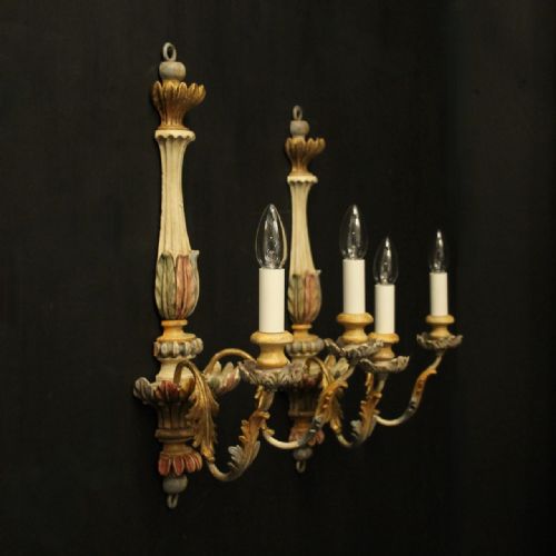 FRENCH POLYCHROME WOODEN TWIN ARM ANTIQUE WALL LIGHTS - ADDITIONAL PHOTO 9