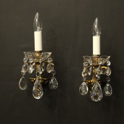 french pair of gilded crystal single arm antique wall lights - CATEGORY: ANTIQUE LIGHTING - DATED 1920