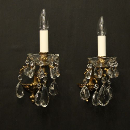 FRENCH PAIR OF GILDED CRYSTAL SINGLE ARM ANTIQUE WALL LIGHTS - ADDITIONAL PHOTO 1