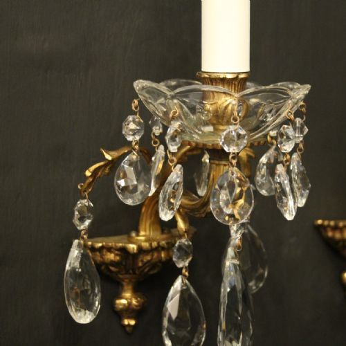 FRENCH PAIR OF GILDED CRYSTAL SINGLE ARM ANTIQUE WALL LIGHTS - ADDITIONAL PHOTO 4