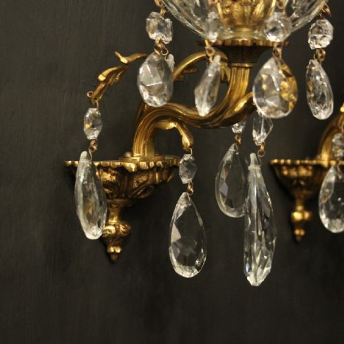 FRENCH PAIR OF GILDED CRYSTAL SINGLE ARM ANTIQUE WALL LIGHTS - ADDITIONAL PHOTO 6