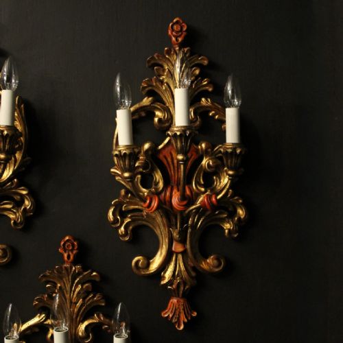 ITALIAN SET OF 3 GILDED POLYCHROME WALL LIGHTS - ADDITIONAL PHOTO 1