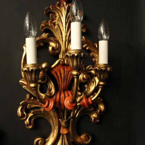 ITALIAN SET OF 3 GILDED POLYCHROME WALL LIGHTS - ADDITIONAL PHOTO 2
