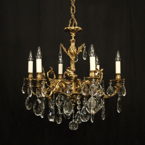french 6 light gilded bronze crystal antique chandelier - CATEGORY: ANTIQUE LIGHTING - DATED 1920