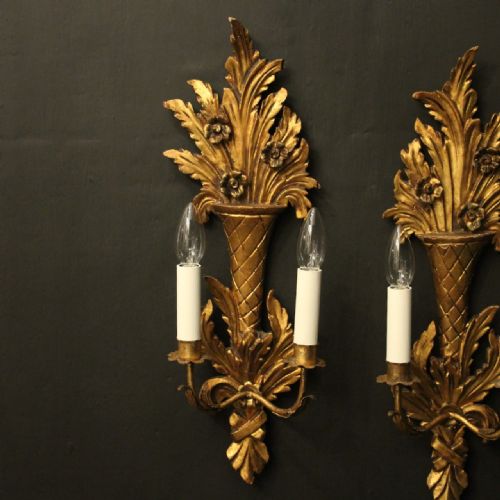 FRENCH PAIR OF GILTWOOD TWIN ARM ANTIQUE WALL LIGHTS - ADDITIONAL PHOTO 1