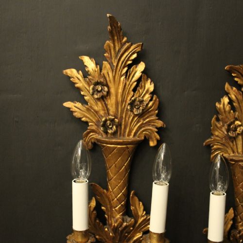 FRENCH PAIR OF GILTWOOD TWIN ARM ANTIQUE WALL LIGHTS - ADDITIONAL PHOTO 2